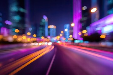 Obraz premium Abstract night road scene with blurry streaks of light and city lights, capturing motion