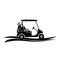 Golf Cart Silhouette With Clubs On Green Field Graphic For Country Club And Golfing Sports