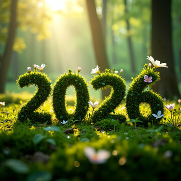A green eco themed 3D illustration showing the year 2026 made of grass and plants symbolizing nature and a fresh new beginning
