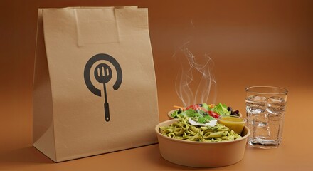 Delicious Pasta Meal with Salad and Drink