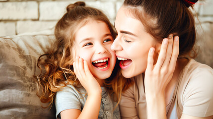 A cheerful and positive little girl joyfully whispering a secret into her mother's ear
