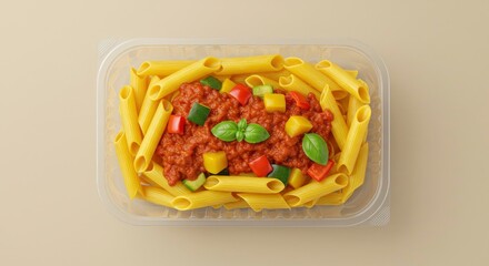 Delicious Penne Pasta with Bolognese Sauce and Vegetables in Takeaway Container