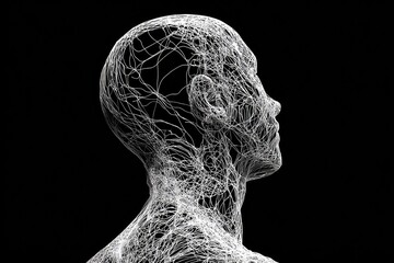 A detailed wireframe of a human head and shoulders against a black backdrop