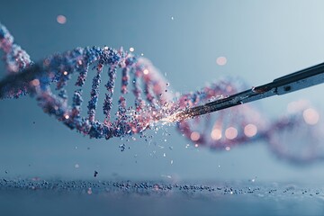 Precision tool manipulating glowing DNA helix, sparks fly, genetic science