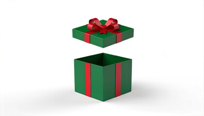 Open Green Gift Box with Red Ribbon and Bow.