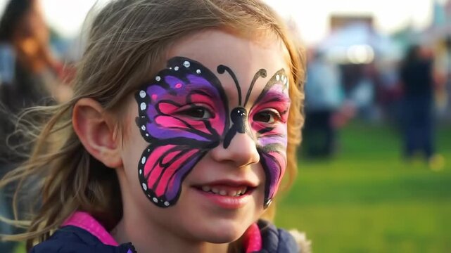 Young female child displaying vibrant butterfly face paint at outdoor event