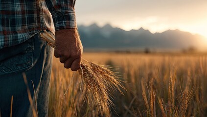 Farmer holds ripe wheat stalks against a golden sunset sky and mountains