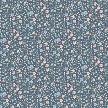 Cute Floral pattern in the small flower. 
Ditsy print. Gentle flower seamless pattern. Pretty mini plants on blue field. Botanical design textile texture. Tiny colorful flowers on blue background