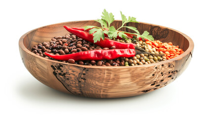 Different lentils in a wooden bowl, along with soya beans and red chili peppers