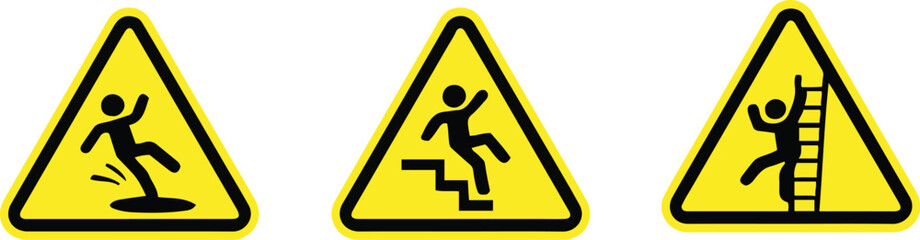 Caution Sign Set &ndash; Wet Floor, Stairs and Ladder Fall Hazard Icons