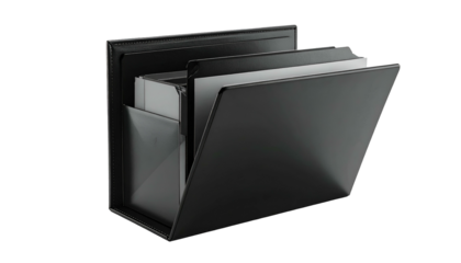 A modern, open black container with organized white and gray files inside, angled view