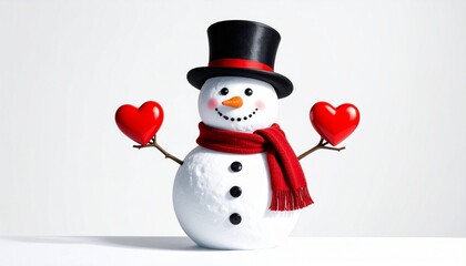 Cheerful snowman with top hat and red scarf holding heart shapes on white festive background.