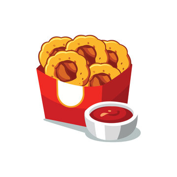 a cup of onion rings with ketchup