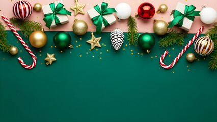 Christmas and new year flat lay composition with ornaments, gifts, candy canes, and pine branches on a green background, top view, copy space