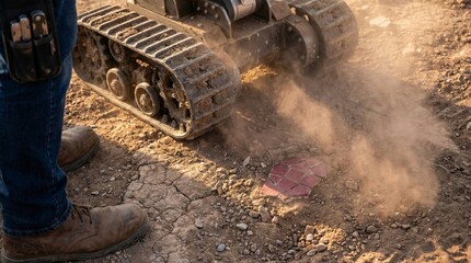Scanning robot examining red mosaic tile fragment at archaeological dig