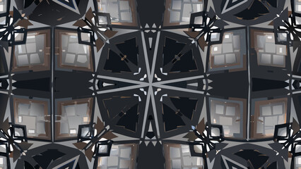 Fototapeta premium Abstract kaleidoscopic pattern featuring geometric shapes and window like structures in grayscale tone