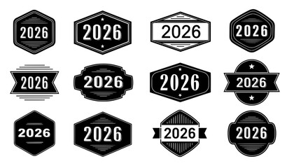 Black and white 2026 New Year badge and emblem vector logo collection