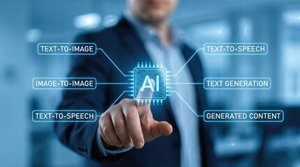 Businessman interacting with AI technology interface, showcasing various functions like text-to-image, text generation, and image-to-image, emphasizing the future of digital assistance and innovation