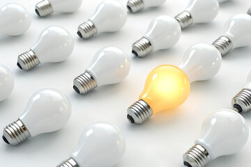 Light bulb bright outstanding among lightbulb on white background. Concept of creative idea and inspire innovation, Think different, Standing out from the crowd. 3d rendering illustration
