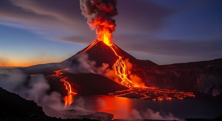 Volcano Erupting with Lava Flow at Dusk.