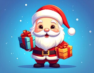 Cheerful cartoon character, dressed in red, holding colorful gifts
