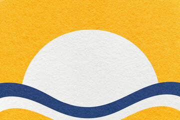 Yellow textured paper background with white circle for copy space and navy blue waves for poster, banner, presentation