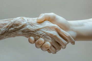 Primer plano de una escultura de m&aacute;rmol que muestra un apret&oacute;n de manos entre una mano envejecida y detallada anat&oacute;micamente y una mano joven y suave, sobre un fondo neutro.