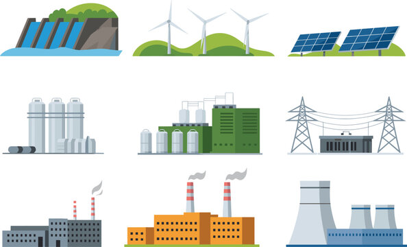 Energy generation illustration set showing renewable and industrial power plants, solar wind hydro nuclear electricity infrastructure, flat minimalist vector design