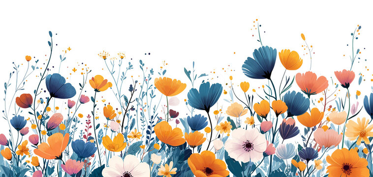 Banner horizontal con ilustraci&oacute;n de flores silvestres en estilo acuarela sobre fondo blanco, concepto de primavera, pradera floral y naturaleza.