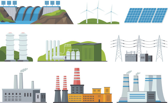 Energy generation illustration set showing renewable and industrial power plants, solar wind hydro nuclear electricity infrastructure, flat minimalist vector design