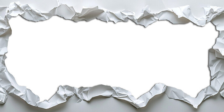 Papel blanco rasgado con un gran agujero central de bordes irregulares, mockup de papel roto con espacio para texto o imagen