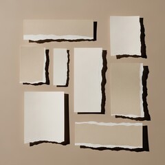 Arrangement of torn paper pieces with shadows on a neutral background