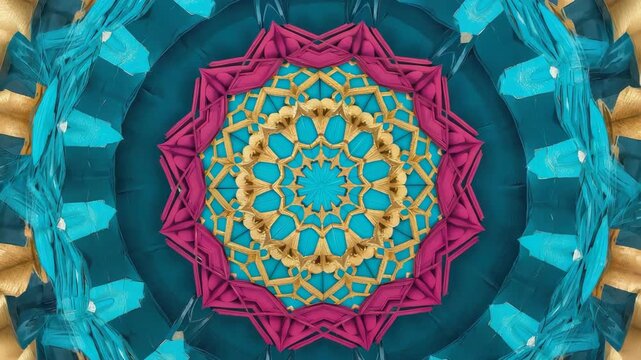 Intricate geometric mandala with vibrant blue pink and gold colors close up texture pattern