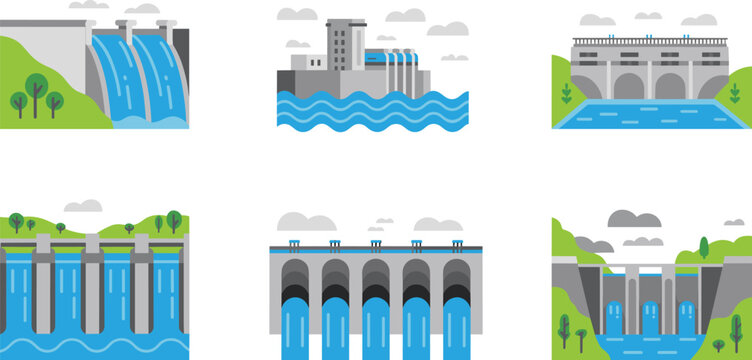 Hydroelectric dam illustration set, water power generation facilities, renewable energy infrastructure, minimalist flat vector design for engineering and environment concepts