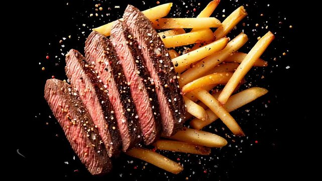 Succulent slices of flat iron steak are beautifully presented alongside crispy French fries, all sprinkled with a mix of flavorful spices to enhance the dish. Perfect for food lovers