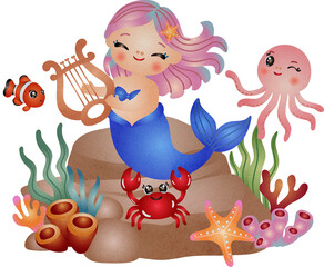 Naklejka premium Cute Mermaid with Sea Animals Watercolor Illustration