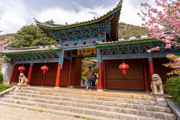 Fototapeta premium Beautiful architecture of Dongba Culture Research Institute at Black Dragon Pool Park in Lijiang Old Town, China