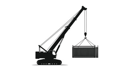 A stark black silhouette of a construction crane lifting a shipping container with precision