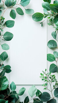 Fondo bot&aacute;nico vertical con hojas de eucalipto frescas enmarcando un espacio en blanco para texto o dise&ntilde;o, concepto de naturaleza minimalista y frescura.