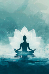 Silueta art&iacute;stica de una persona meditando en posici&oacute;n de loto frente a una flor de loto luminosa, concepto de paz interior, espiritualidad y bienestar sobre agua m&iacute;stica.