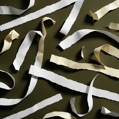 Scattered paper strips on a green background create a textured pattern