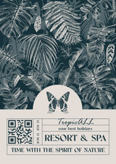 Tropical banner with plants and palm leaves