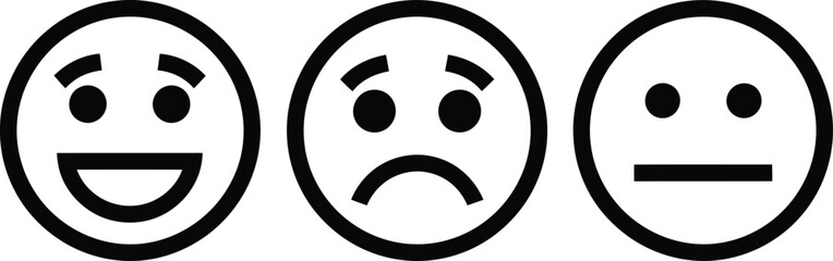 Three simple black and white facial expression icons happy sad and neutral