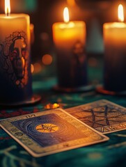 A table set up for a tarot card reading session with lit candles