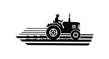 A striking black and white image depicts a farmer driving a tractor across a field silhouette © RMvectors02