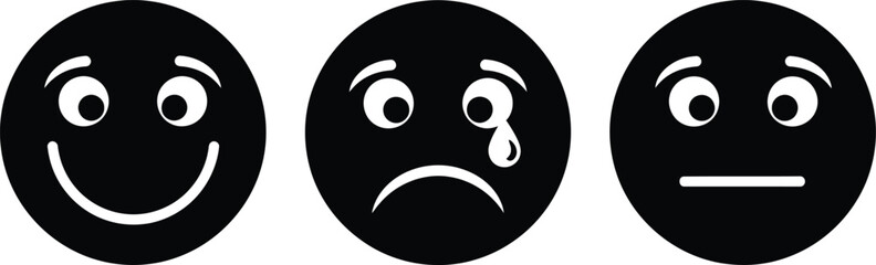 Three black and white emoticons depicting happiness sadness and neutrality