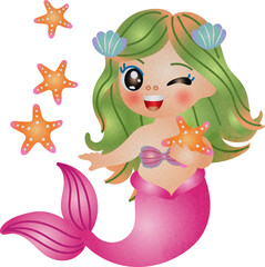 Cartoon Watercolor Illustration of Winking Mermaid with Starfish