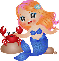Cute Mermaid and Crab Cartoon Watercolor Illustration