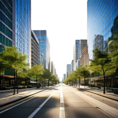 Urban street lined with tall buildings under sunny skies