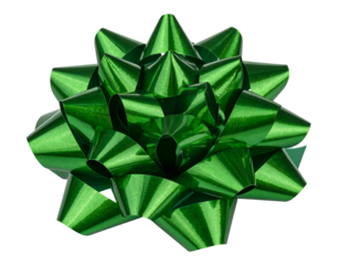 Shiny green gift bow, intricately folded, isolated on black background, close-up view